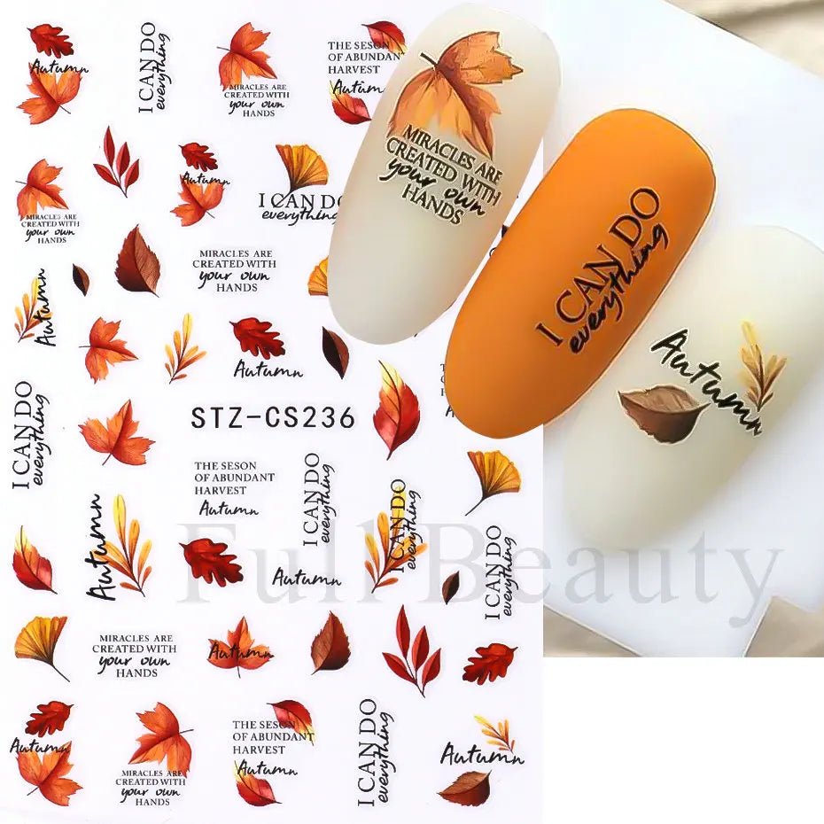 Golden Pumpkin Maple Leaf Pattern Nail Decals Fall Autumn Leaves & Geometric & Letter Stickers - silverfoxgoods